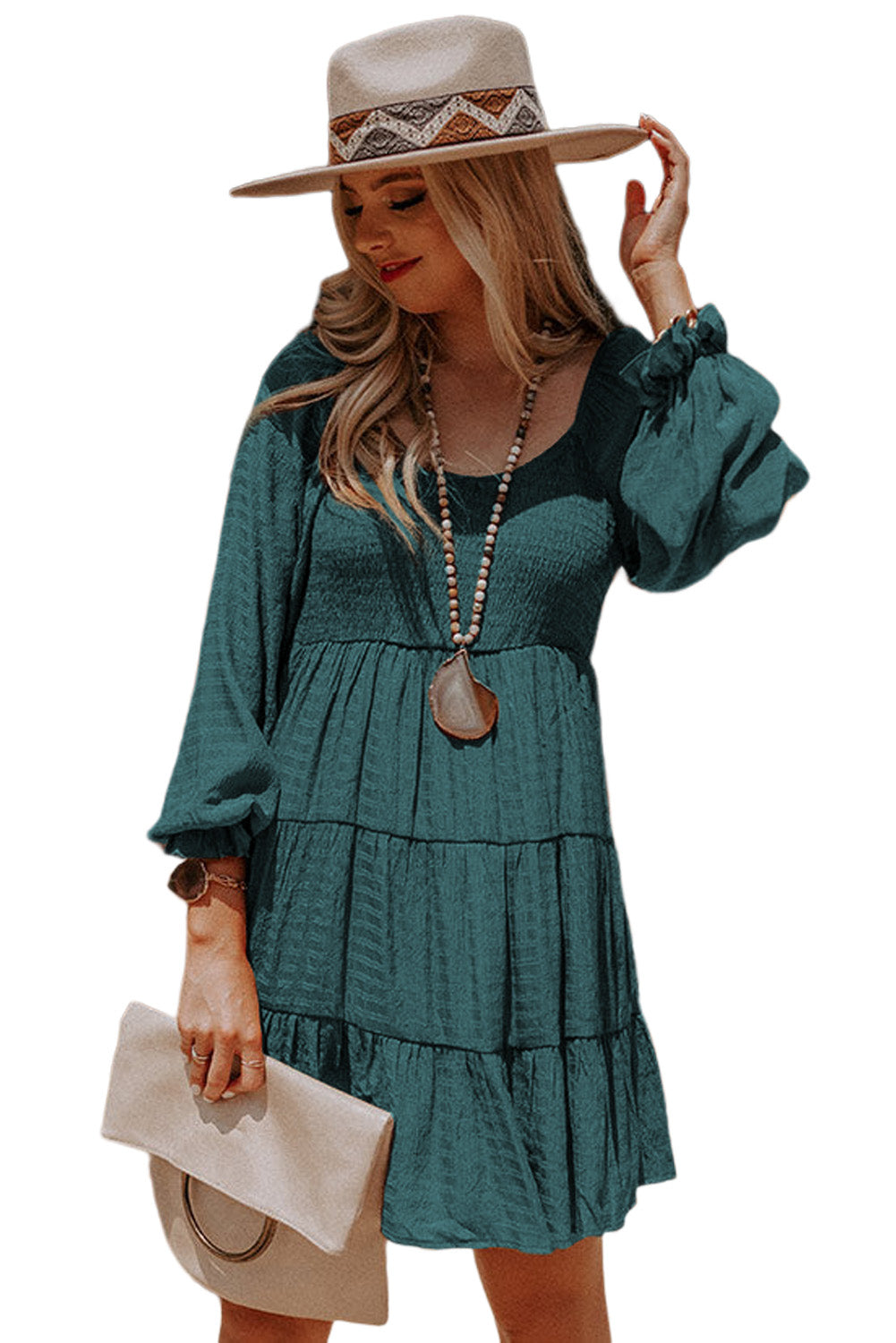 Bishop Sleeve Smocked Tiered Mini Dress