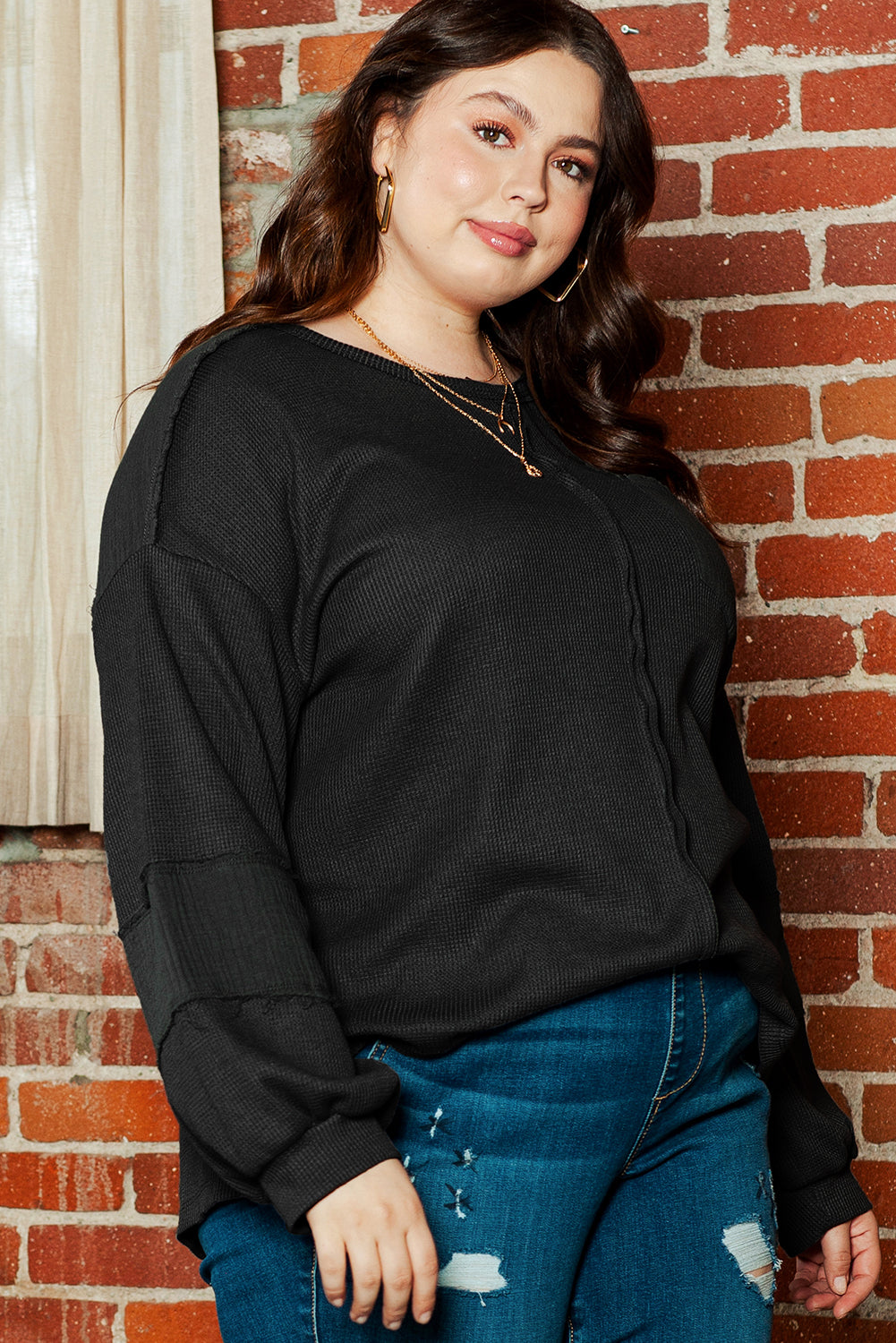 Dark Grey Plus Size Exposed Seam Crinkle Patchwork Top