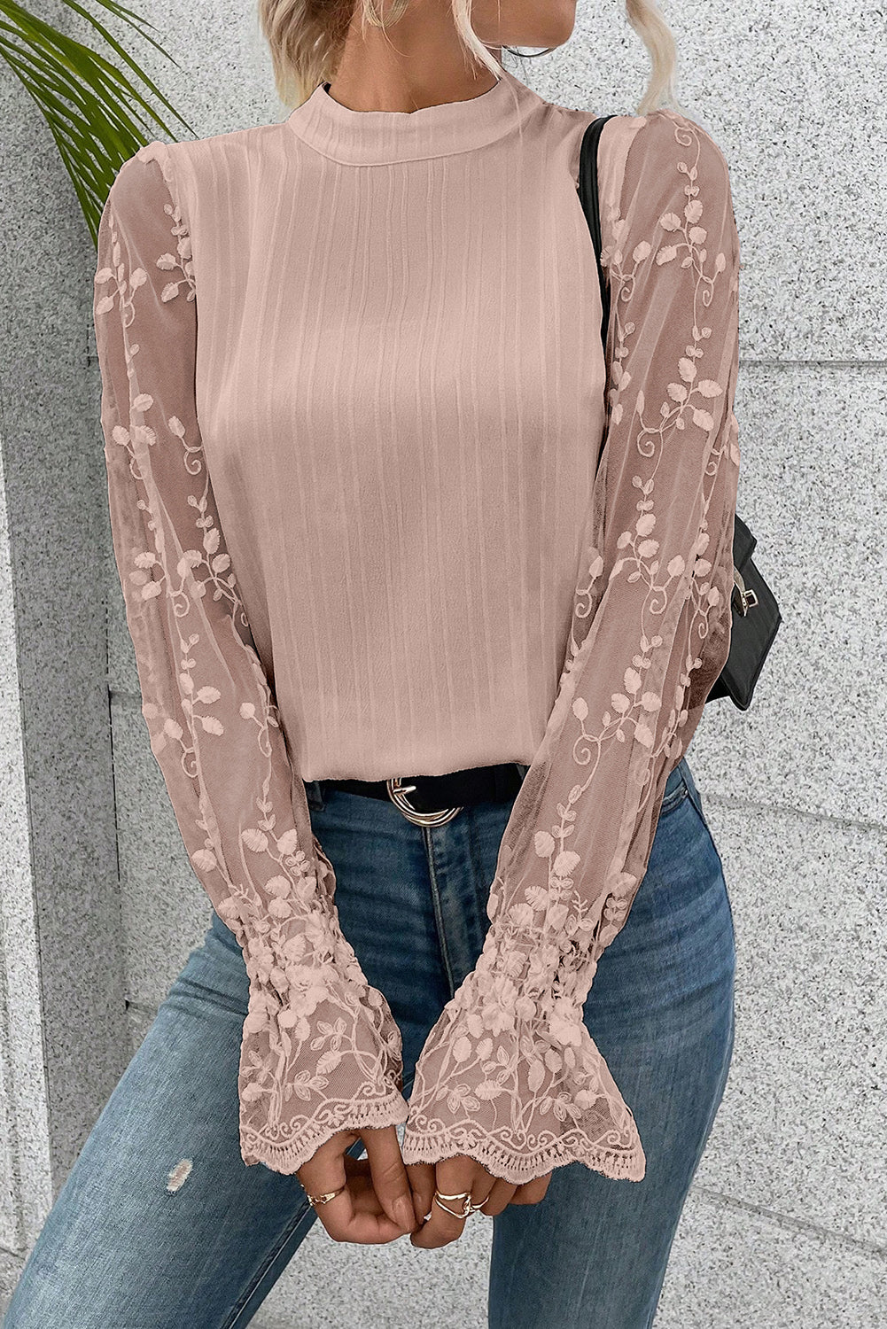 Contrast Lace Sleeve Mock Neck Textured Blouse