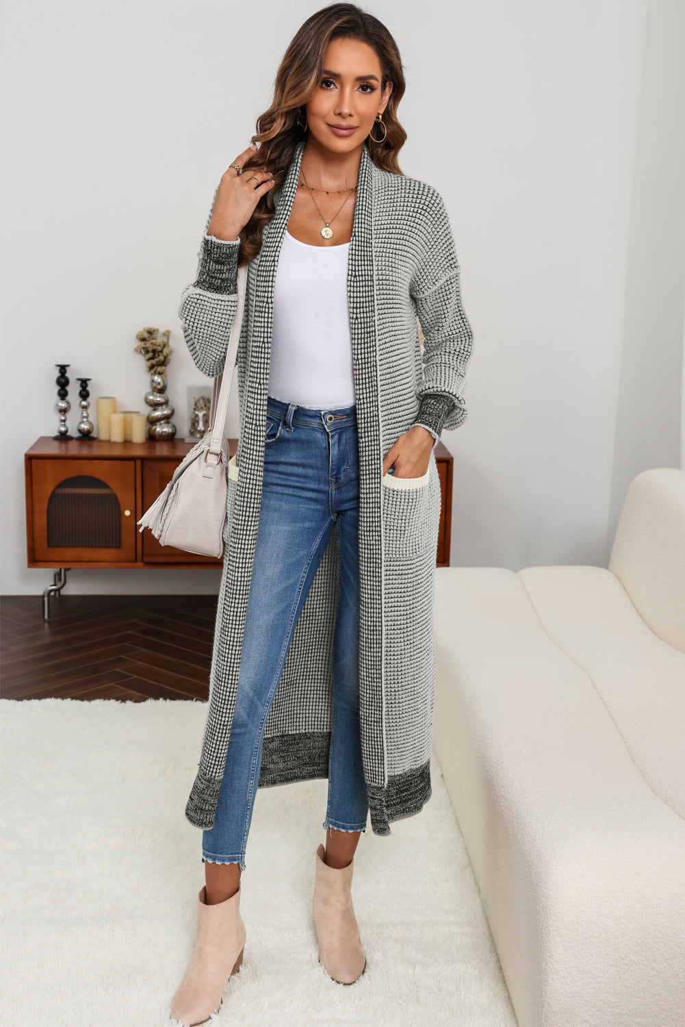 Plaid Knitted Long Open Front Cardigan