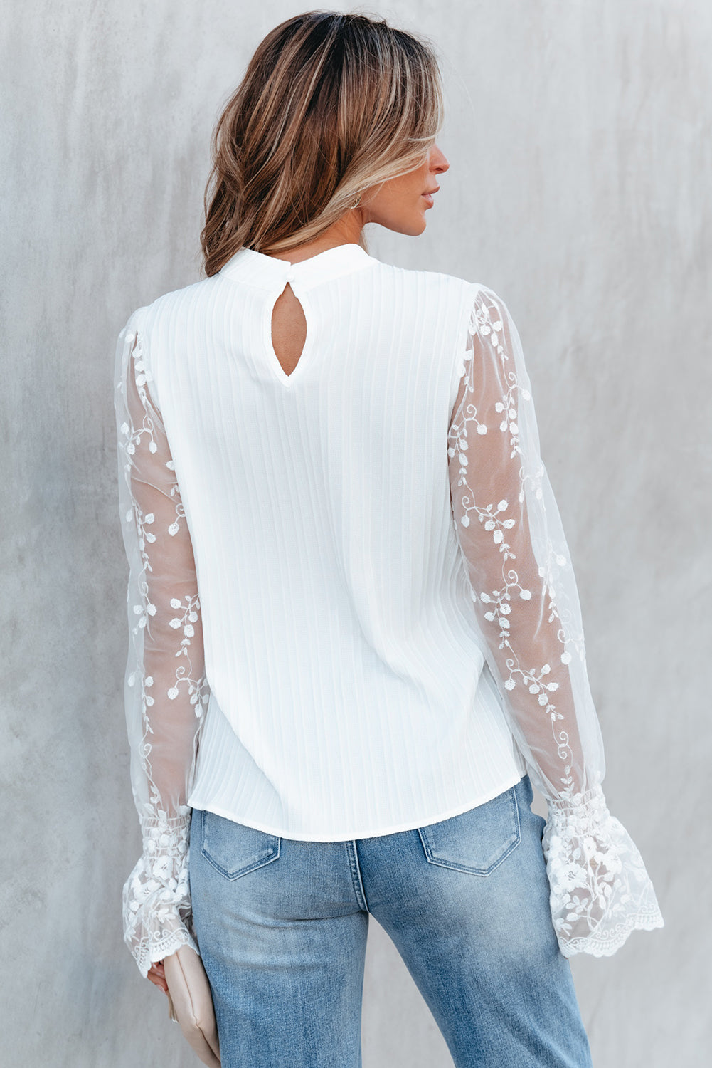 Contrast Lace Sleeve Mock Neck Textured Blouse