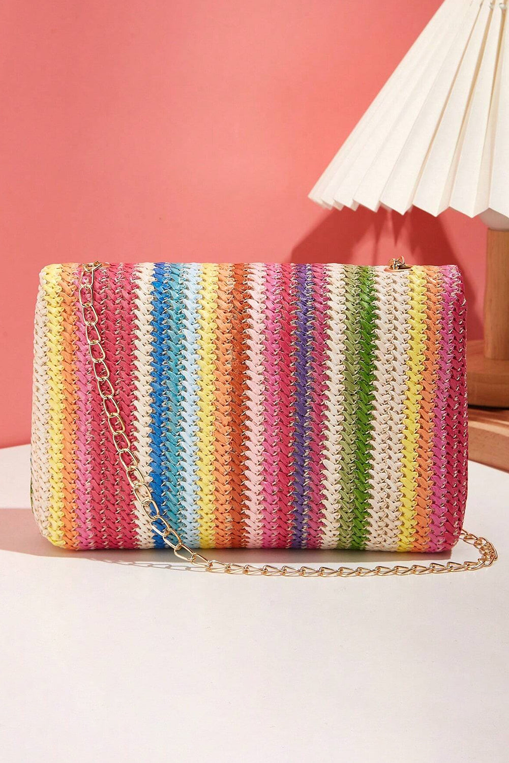 Strawberry Pink Bohemian Woven Gold Chain Shoulder Bag