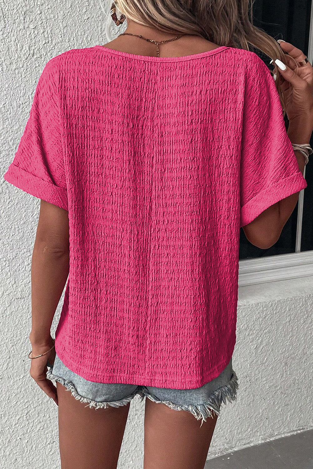 Bright Pink Textured Rolled Short Sleeve V Neck Blouse