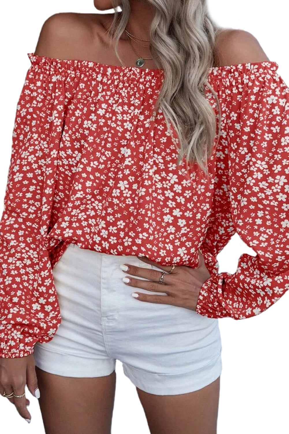 Floral Print Frill Trim Off-shoulder Lantern Sleeve Blouse