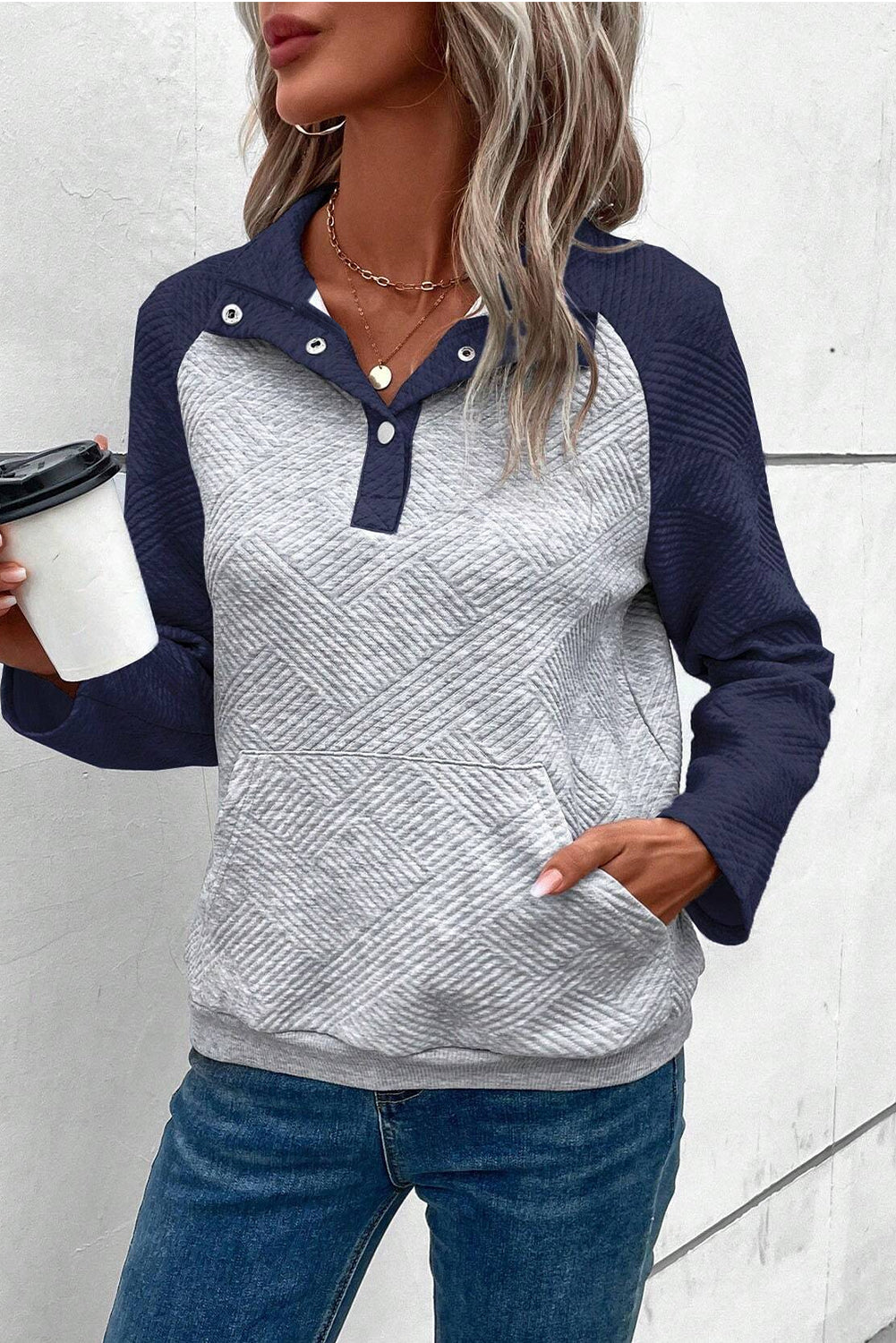 Textured Knit Buttoned Kangaroo Pocket Sweatshirt