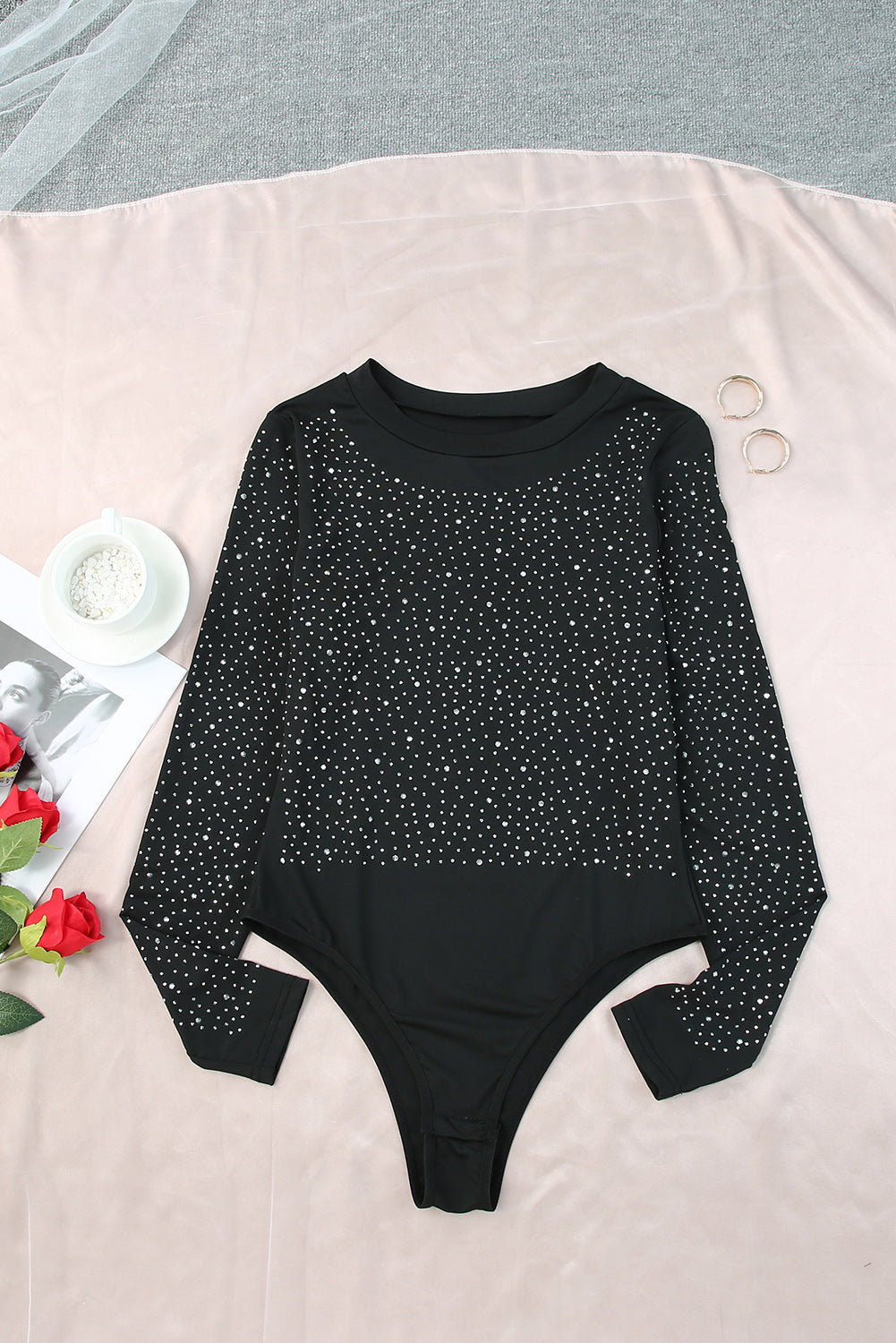 Rose Rhinestone O-neck Long Sleeve Bodysuit