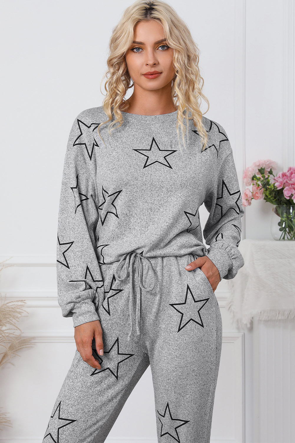 Black Stars Print Long Sleeve Drawstring High Waist Lounge Set