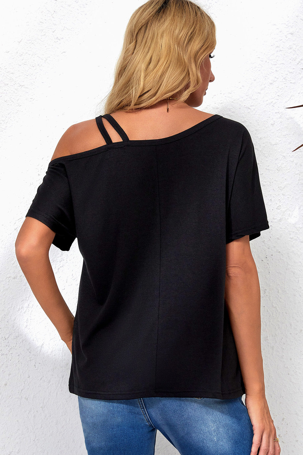 Black One Shoulder Long Sleeve Shift Blouse