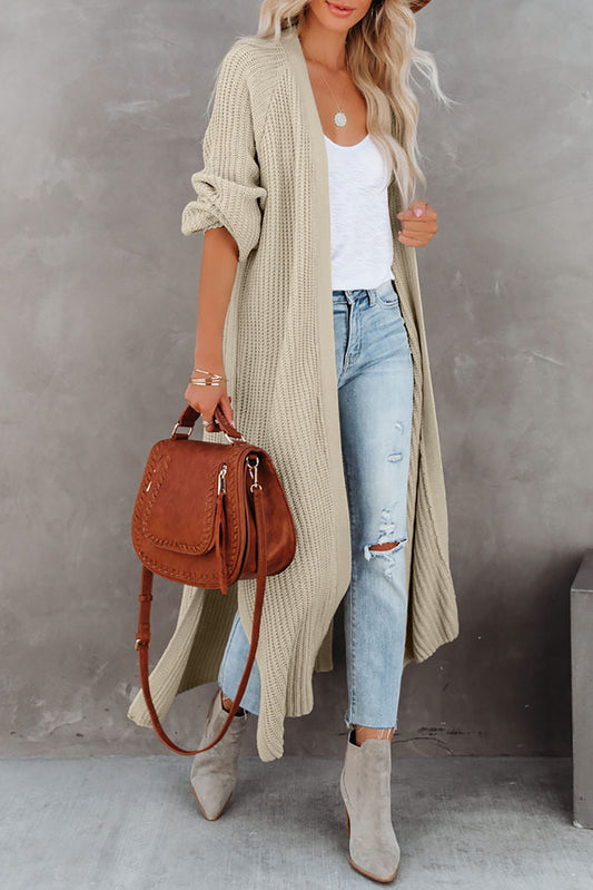 Beige Open Front Side Slit Duster Knit Cardigan