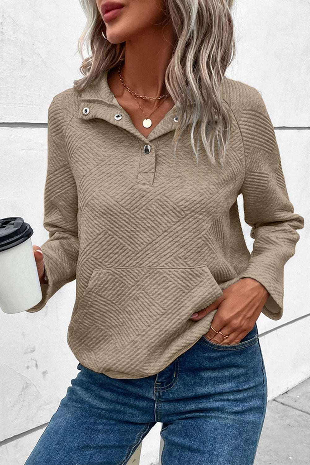 Textured Knit Buttoned Kangaroo Pocket Sweatshirt