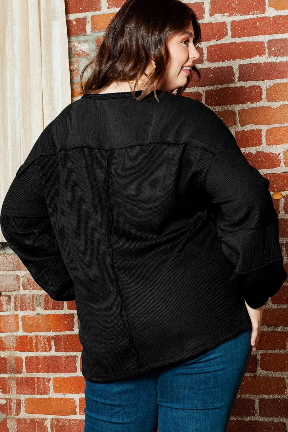 Dark Grey Plus Size Exposed Seam Crinkle Patchwork Top