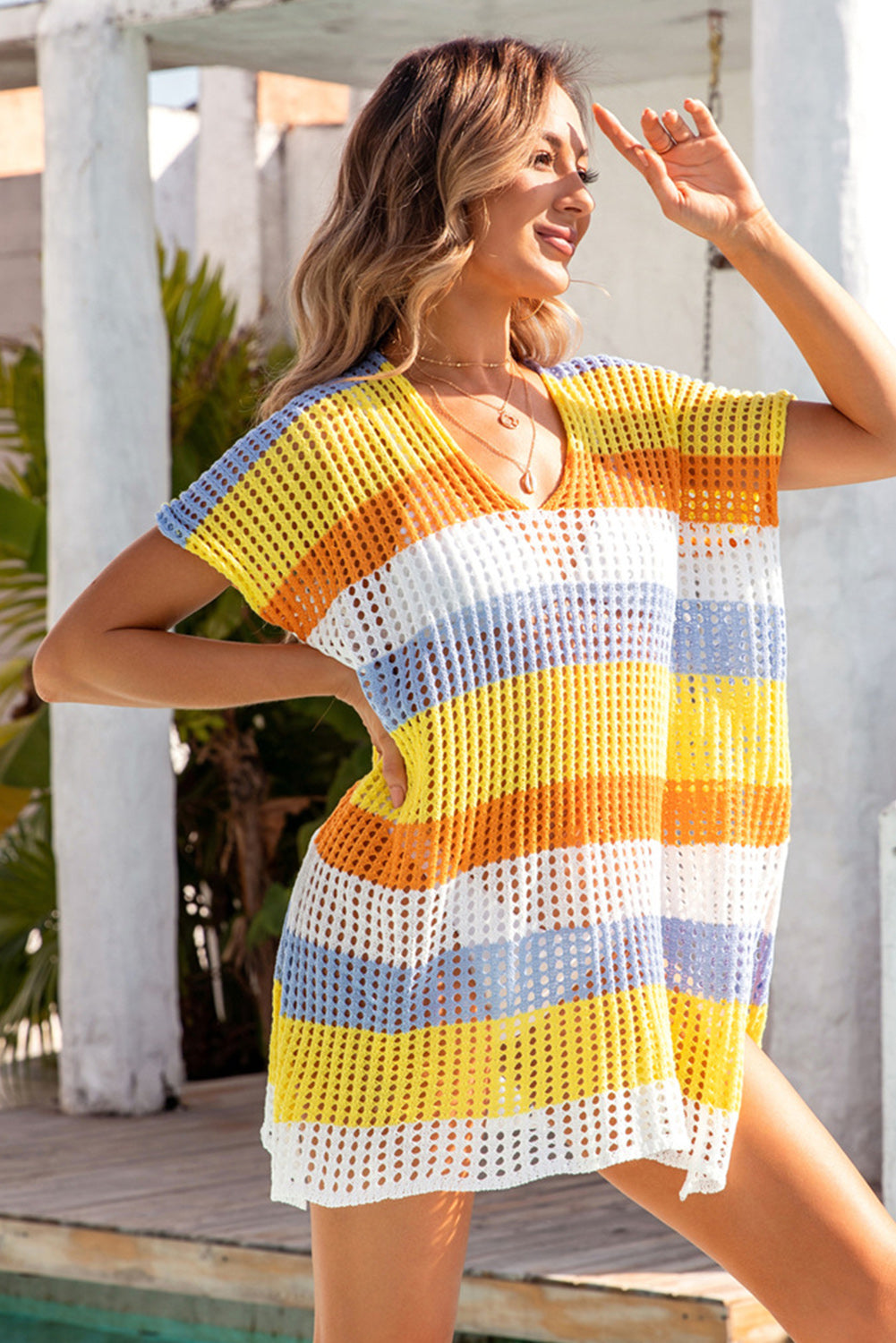 Striped Hollow Out Knit V Neck Tunic Cover Up