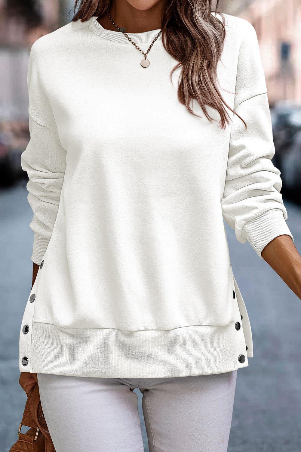 White Snap Buttons Side Splits Pullover Sweatshirt