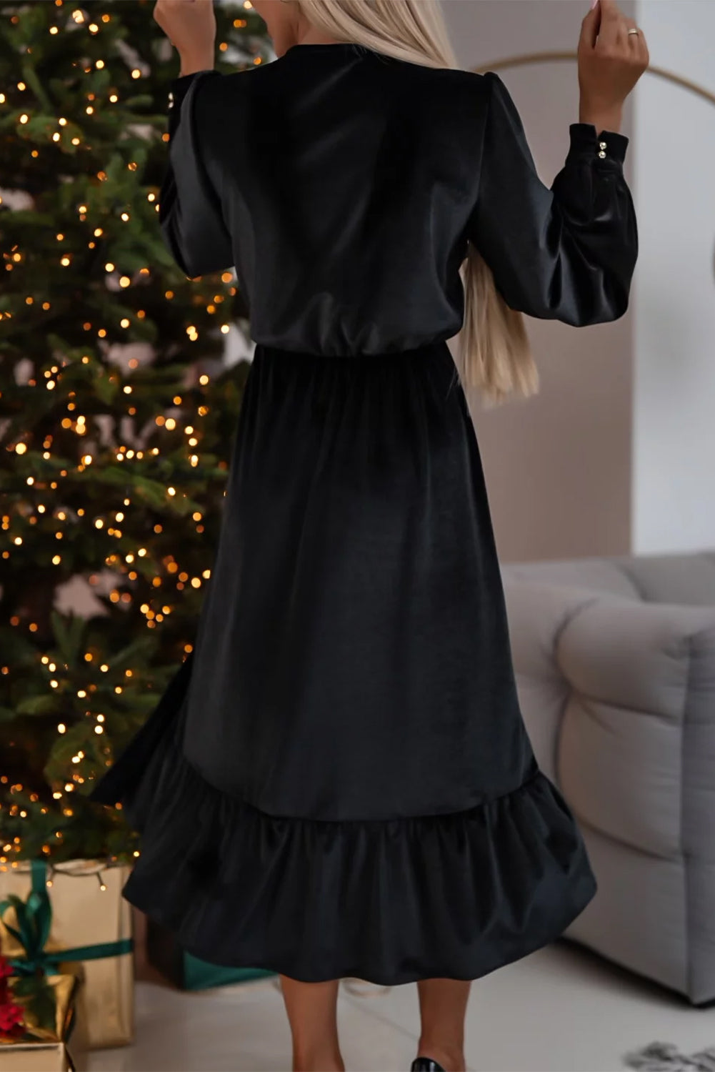 Velvet Buttoned Puff Sleeve V Neck Split Midi Dress