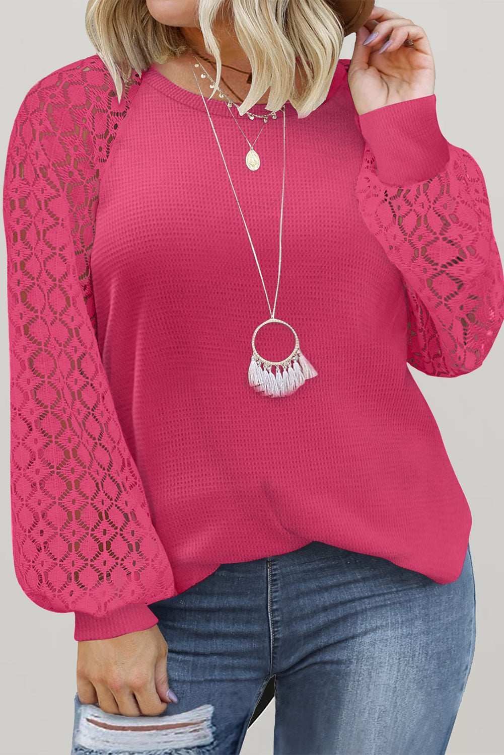 Strawberry Pink Plus Size Contrast Lace Sleeve Waffle Knit Top