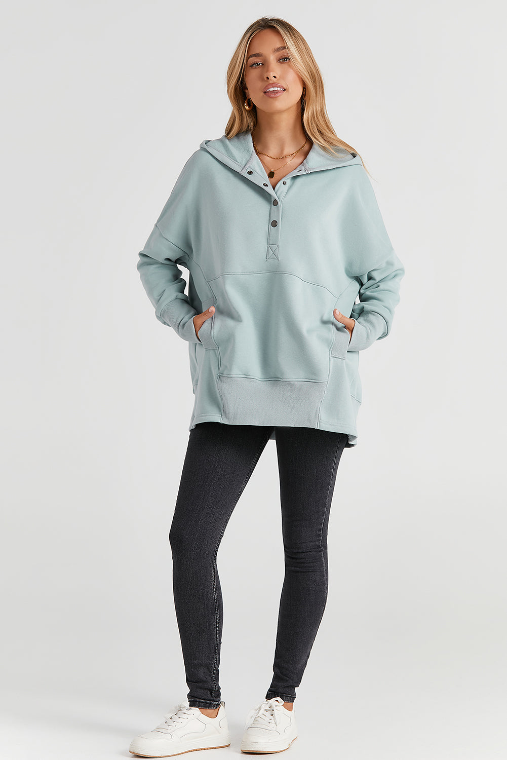 Turquoise Batwing Sleeve Pocketed Henley Hoodie