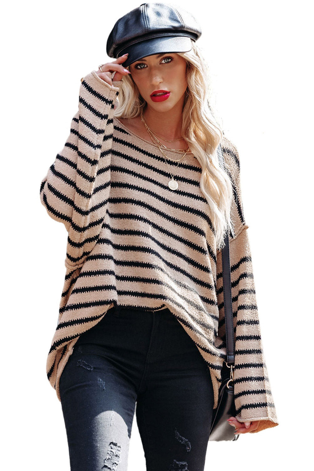 Striped Print Dropped Shoulder Loose Sleeve Sweater