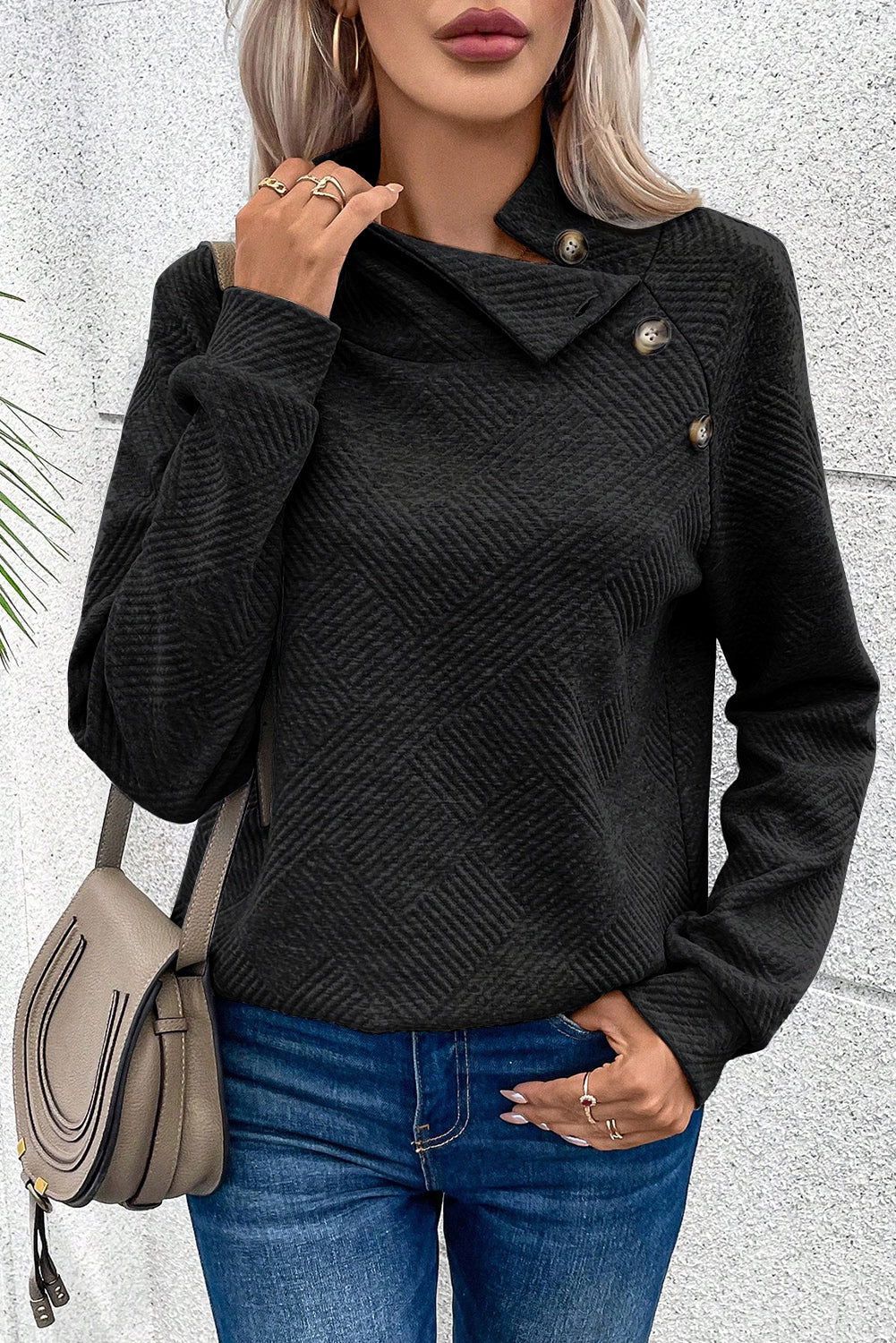 Textured Knit Buttoned Kangaroo Pocket Sweatshirt