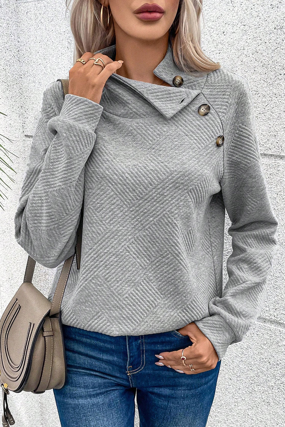 Textured Knit Buttoned Kangaroo Pocket Sweatshirt