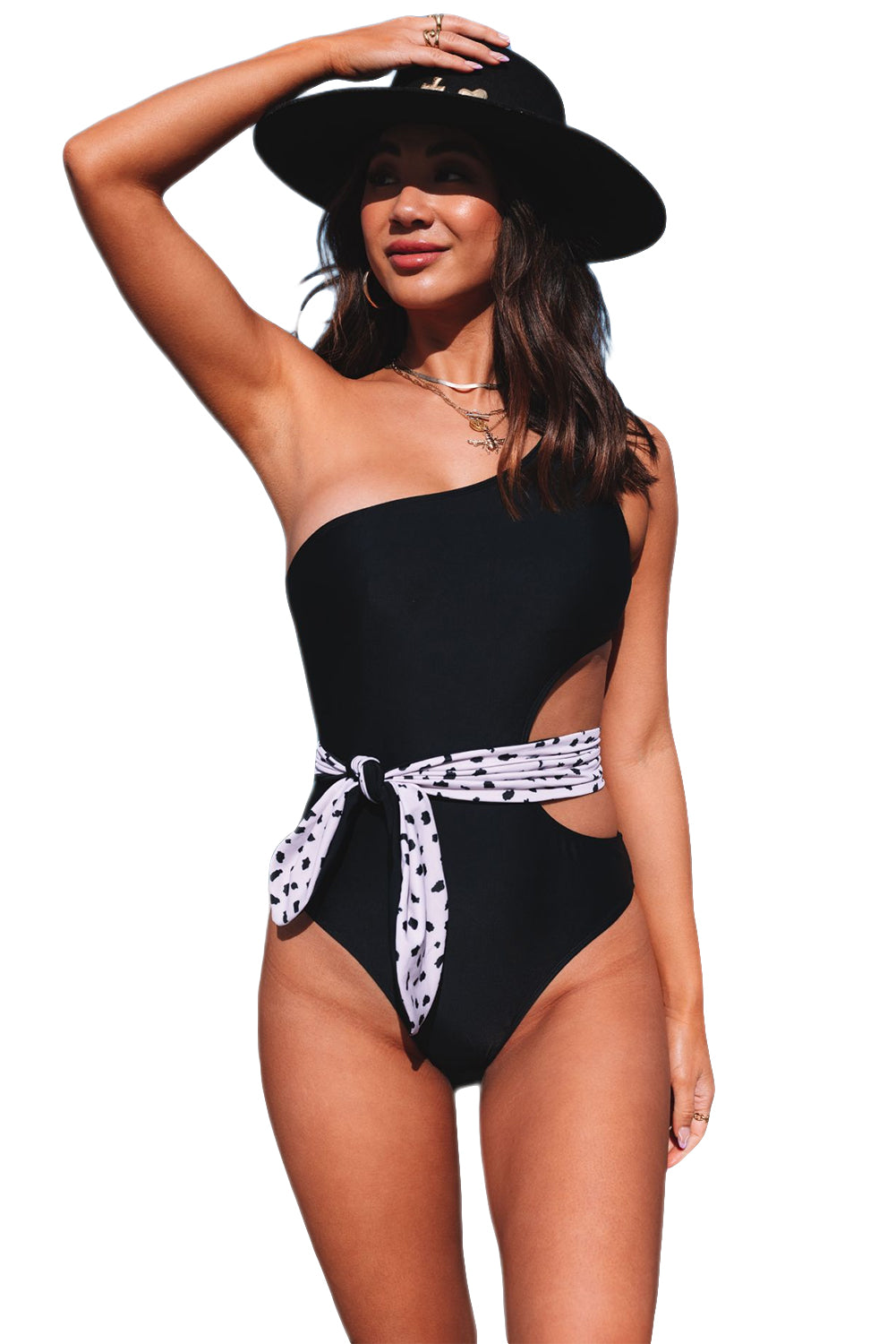Asymmetric Cutout Belted One-piece Swimwear