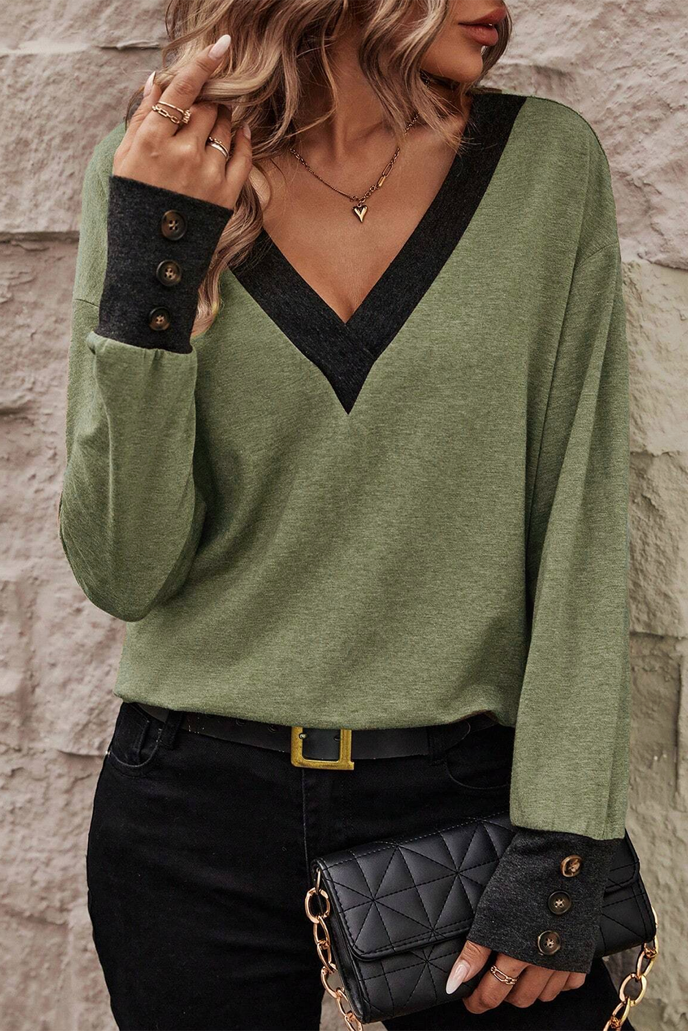 Khaki Contrast V Neck Button Cuffed Long Sleeve Top