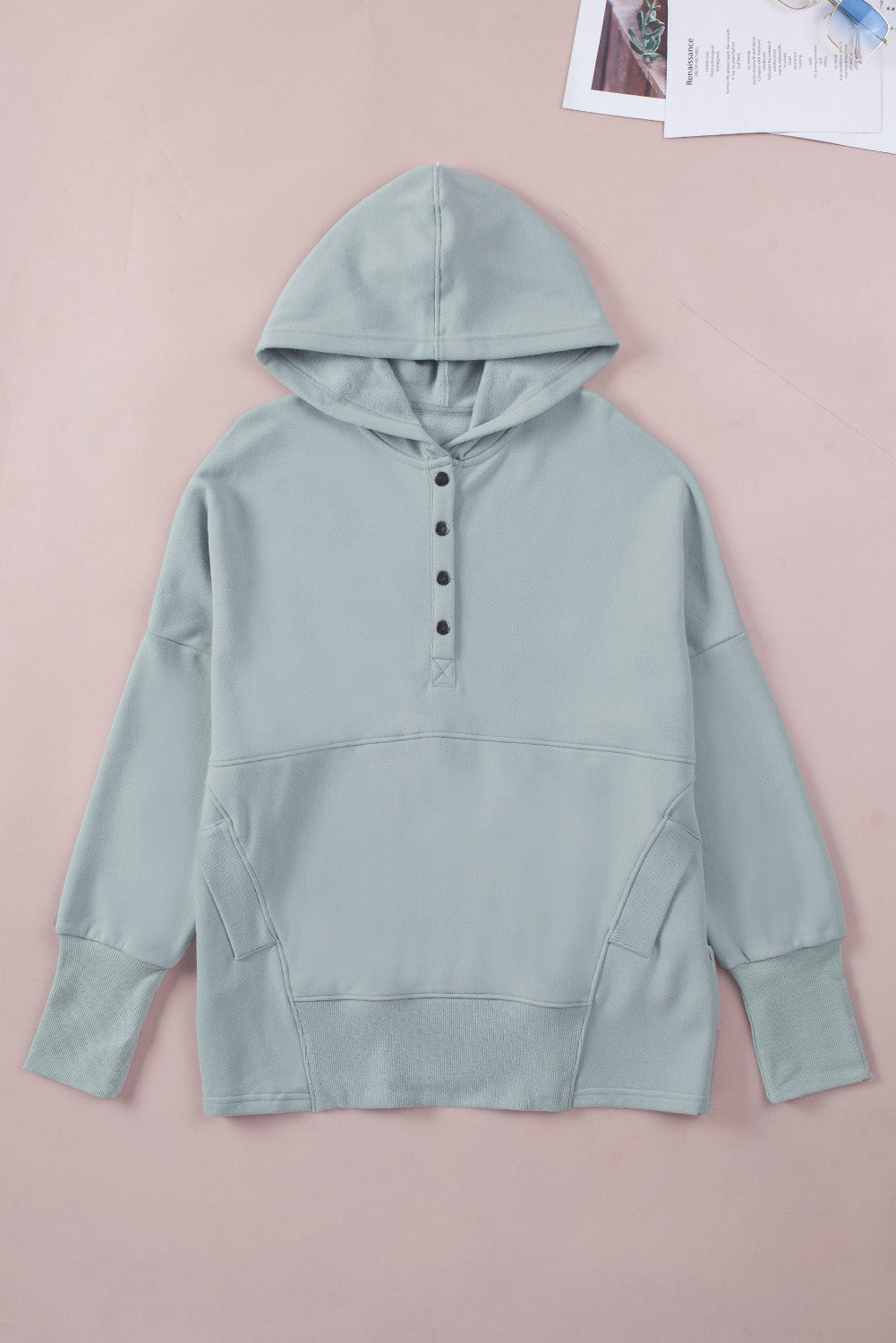 Turquoise Batwing Sleeve Pocketed Henley Hoodie