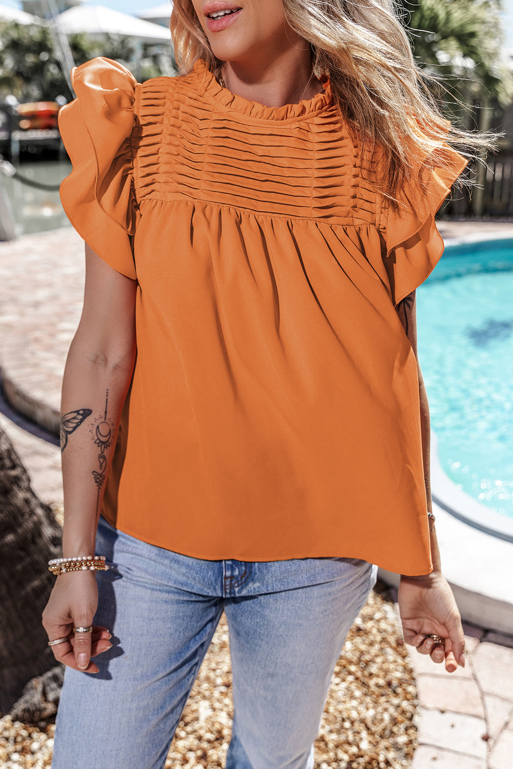 Smocked Ruffle Sleeve Blouse