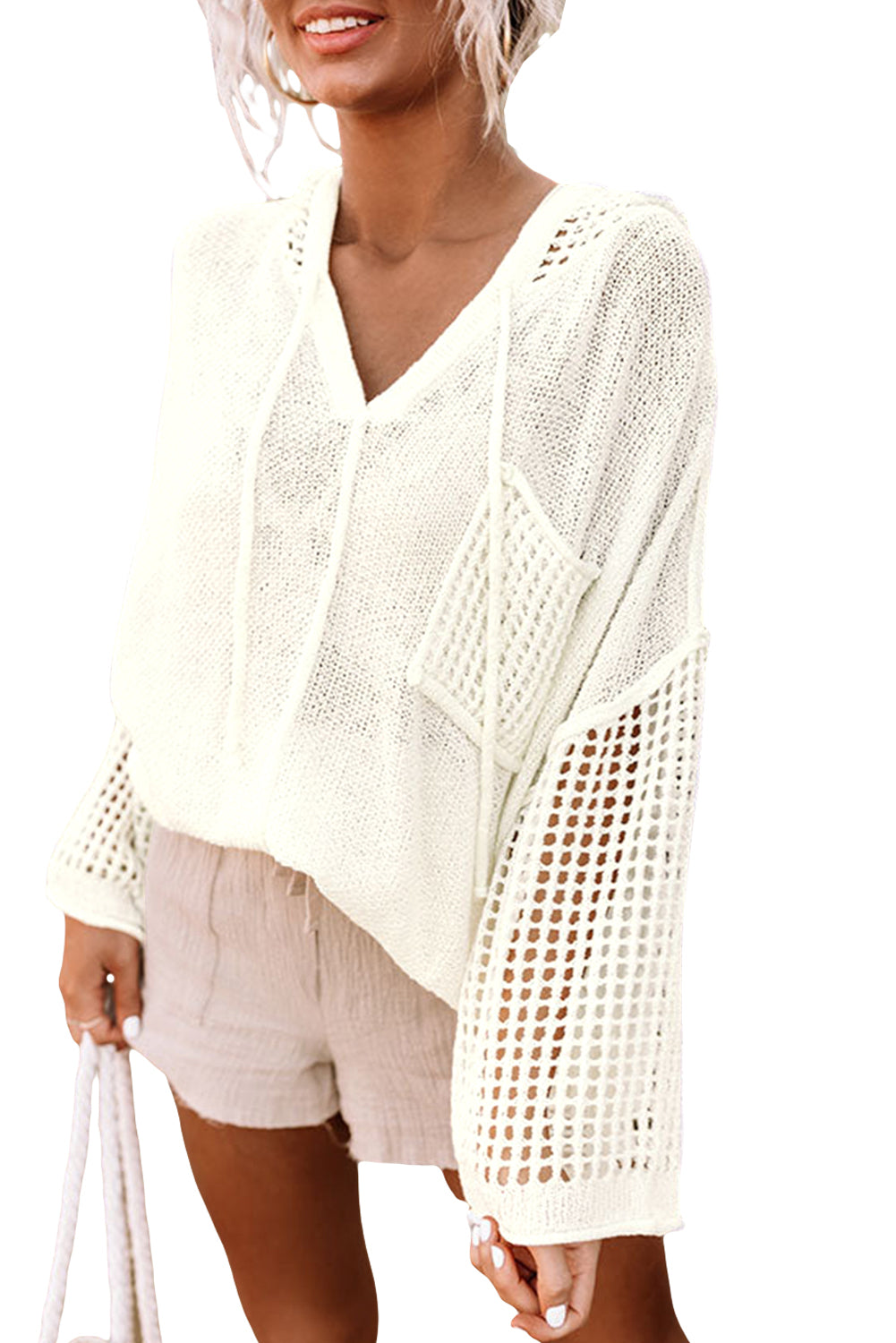 White Open Knit Long Sleeve Pocketed Hooded Sweater