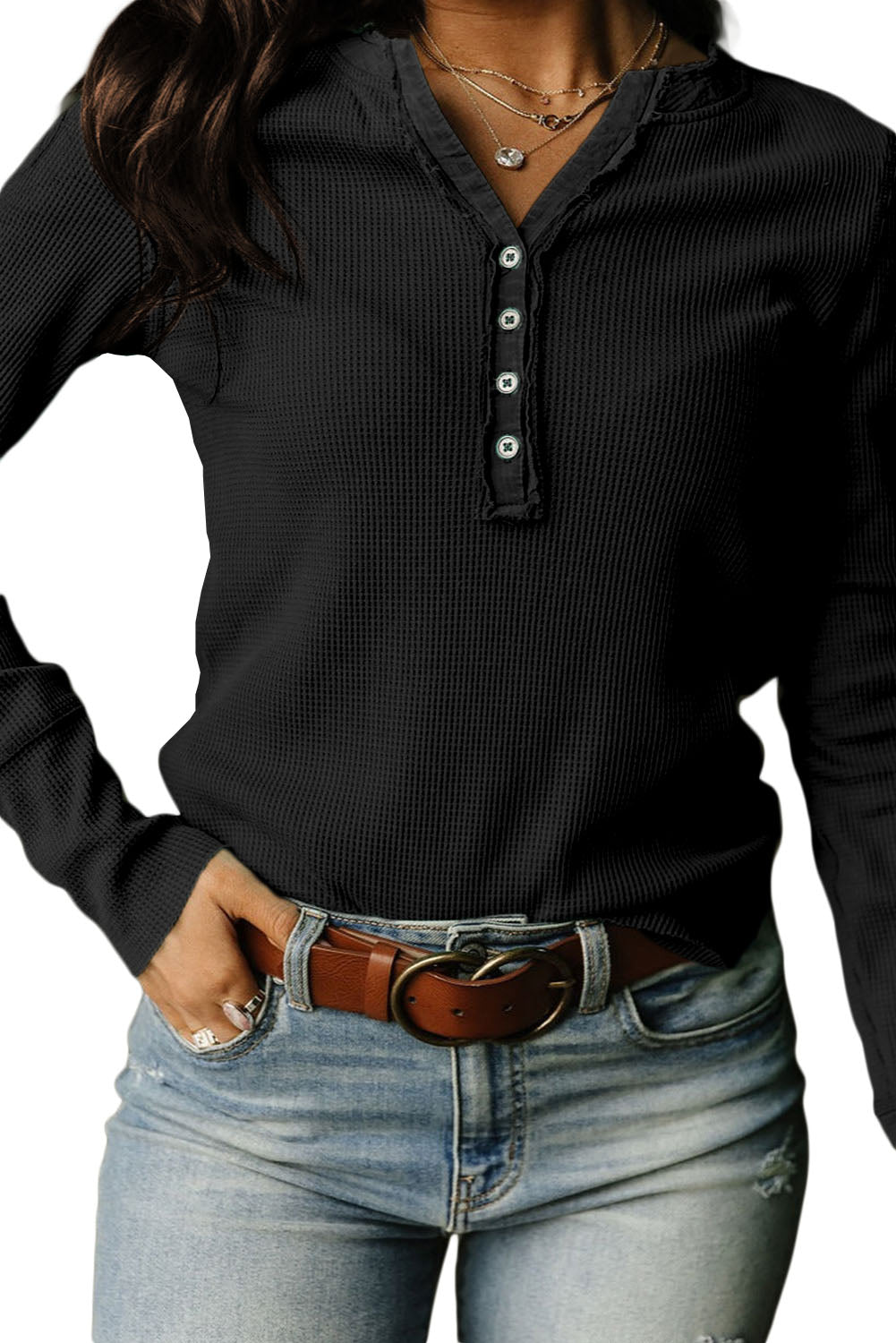 Black Trimmed Neckline Waffle Knit Henley Top