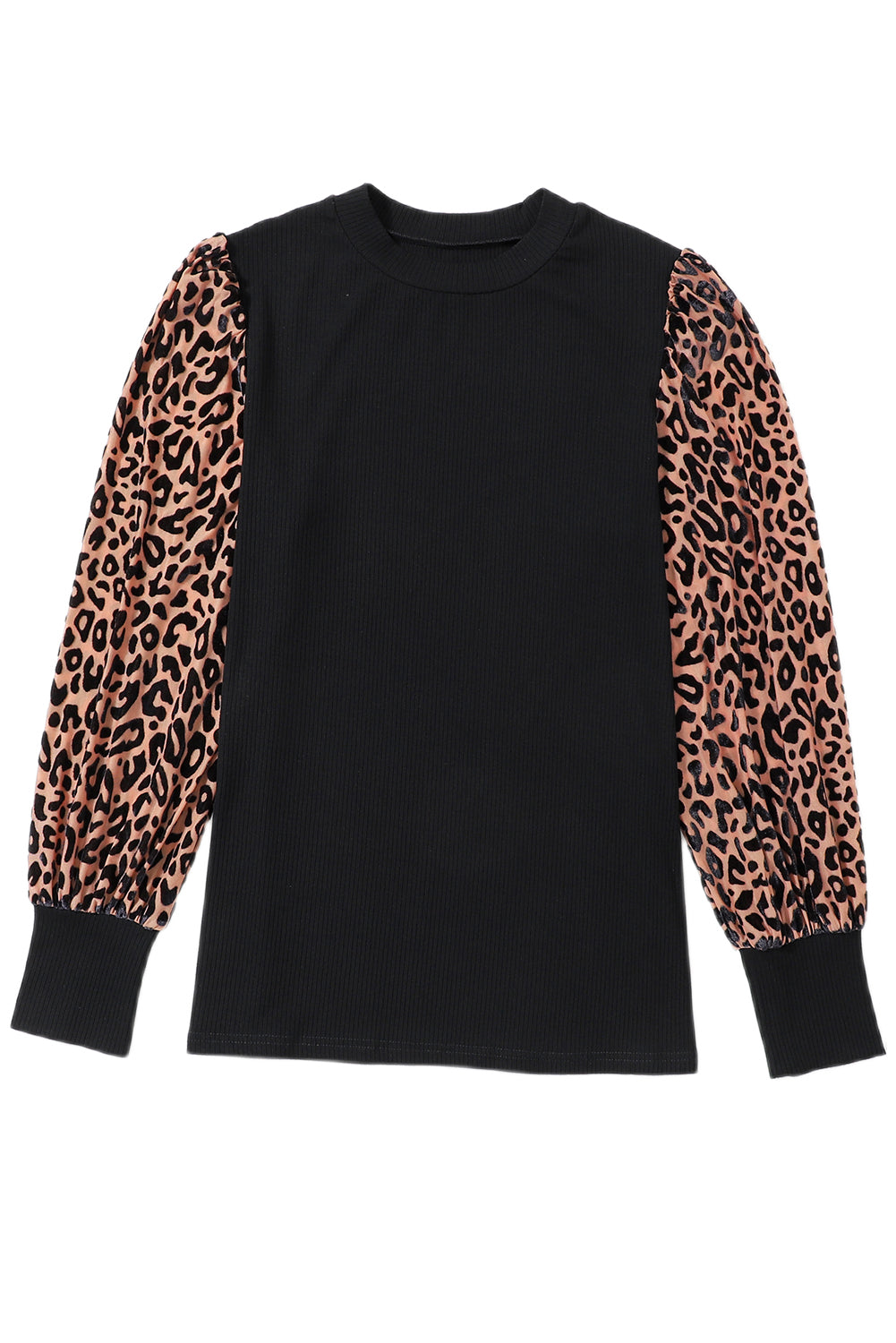 Leopard Patchwork Ribbed Knit Mock Neck Plus Size Top