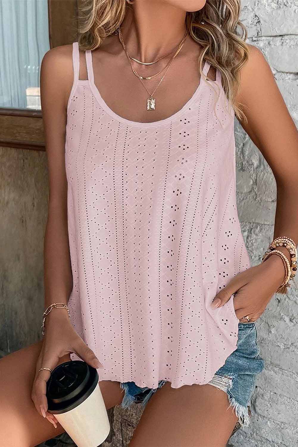 White Lace Crochet Splicing V Neck Loose Fit Tank Top