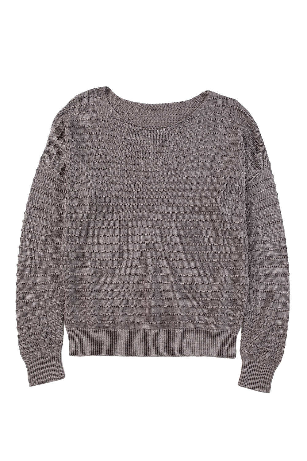 Gray Textured Knit Round Neck Dolman Sleeve Sweater