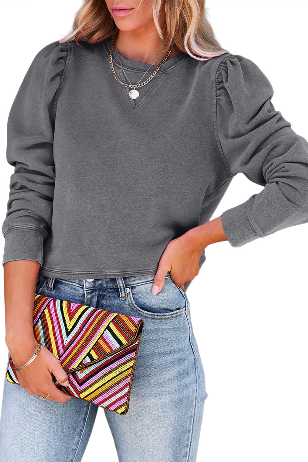 Vintage Washed Puff Sleeve Sweatshirt