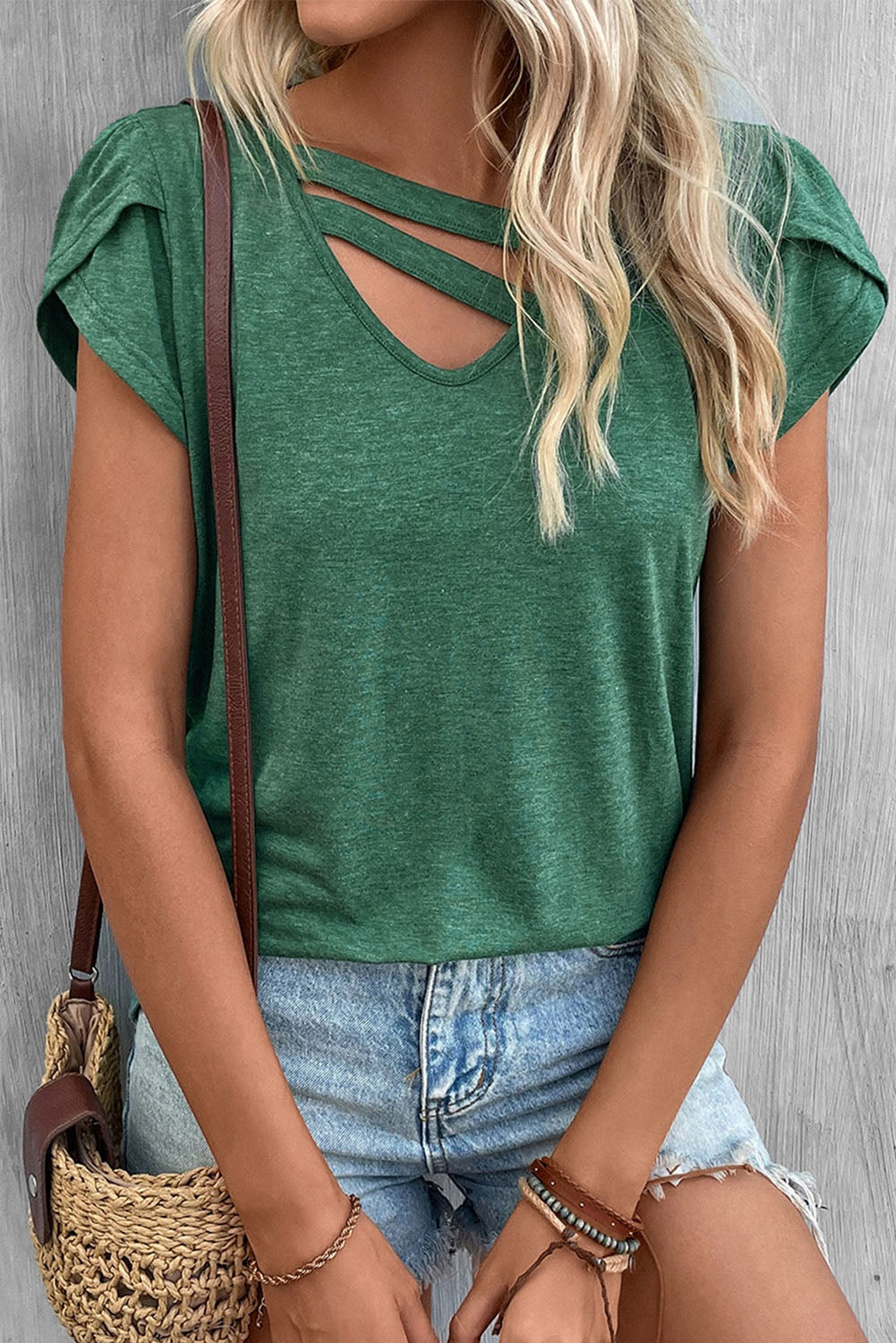 Strappy V Neck Overlap Short Sleeve Top