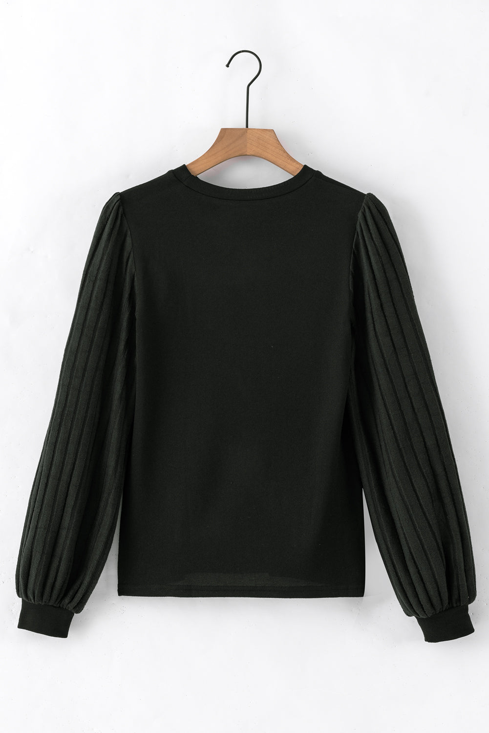 Black Buttoned V Neck Ribbed Puff Sleeve Top