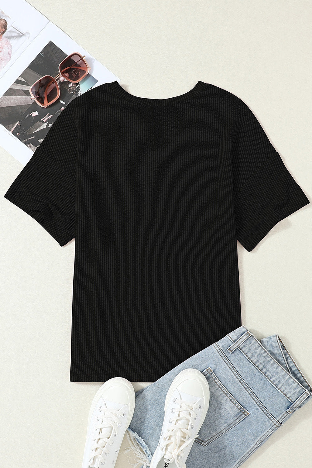 Corded V Neck Chest Pocket Loose T-shirt