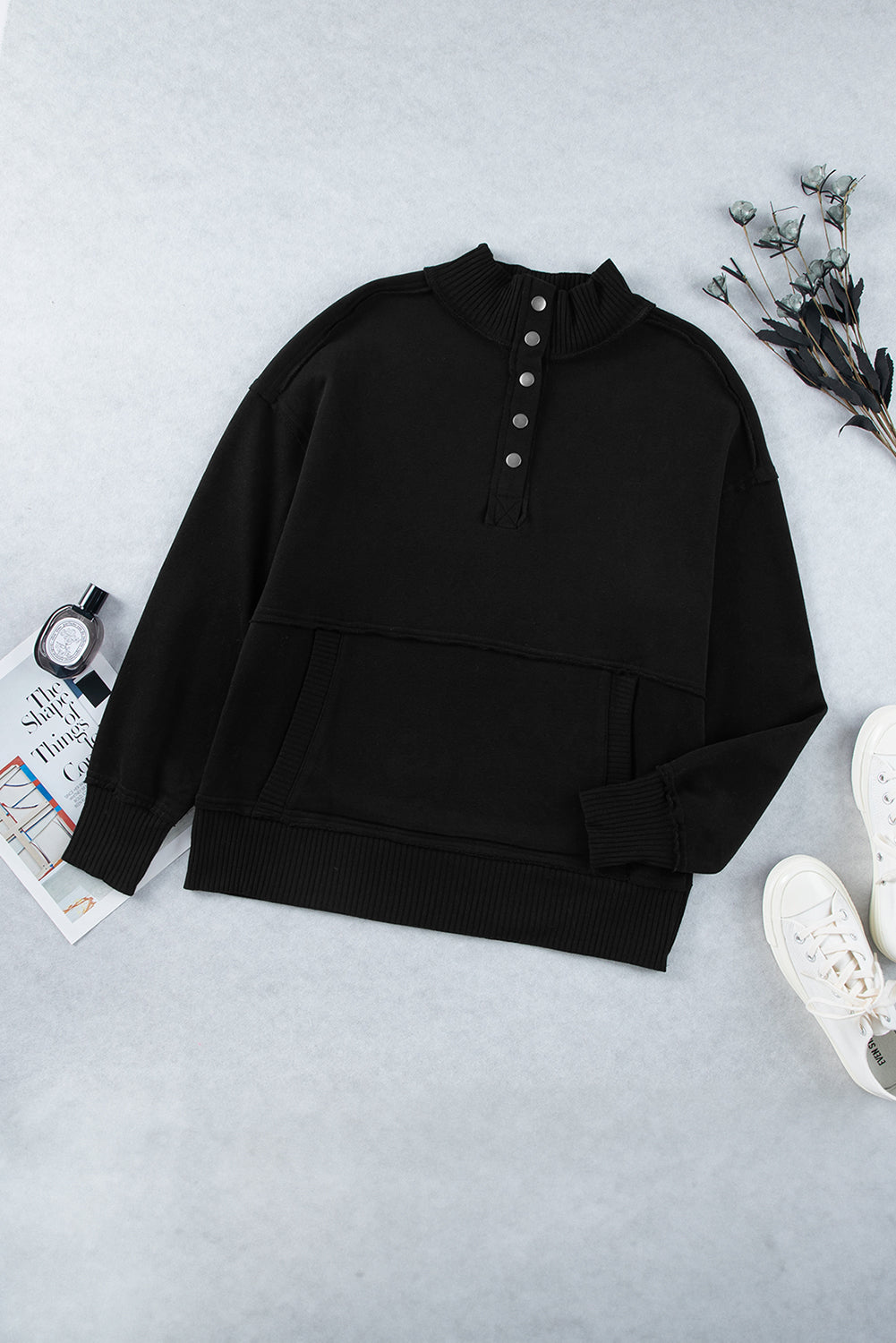 Black Ribbed Hem Snap Button Neckline Sweatshirt with Pocket