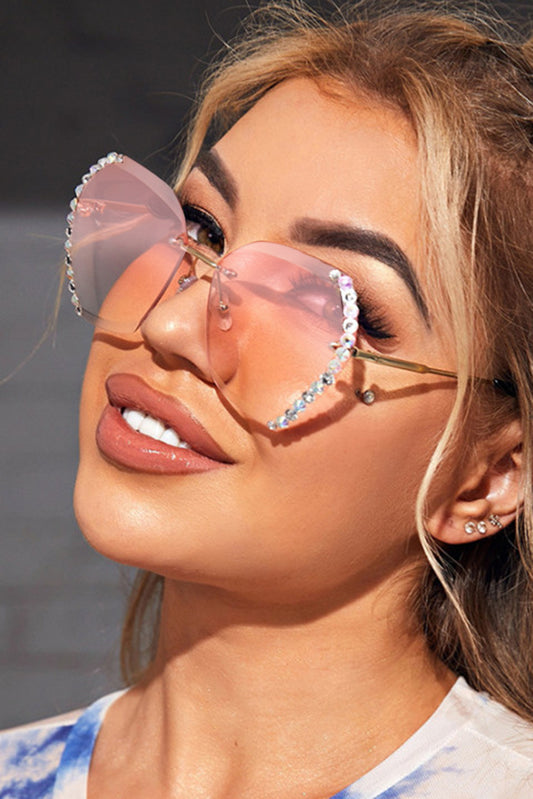 Pink Rhinestone Trim Rimless Sunglasses