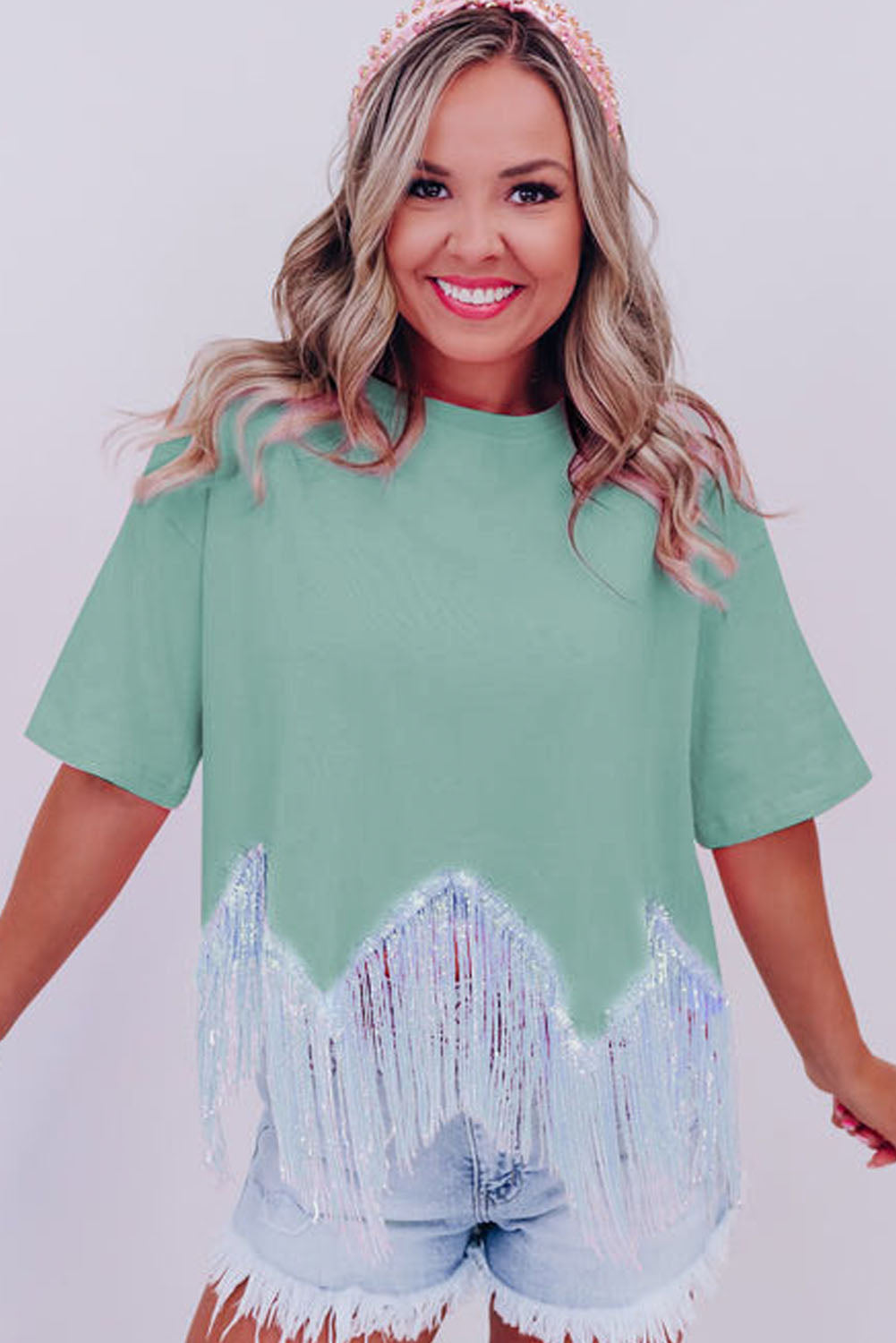 Moonlight Jade Fringed Sequin Crop T-shirt