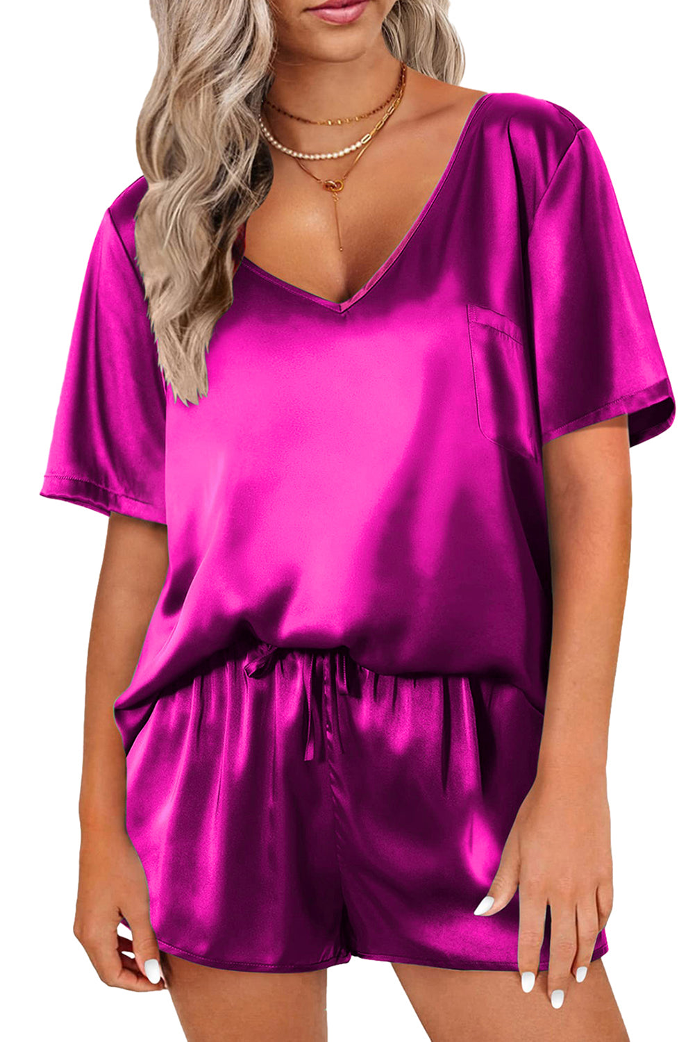 Bright Pink Satin V Neck Tee and Drawstring Shorts Set