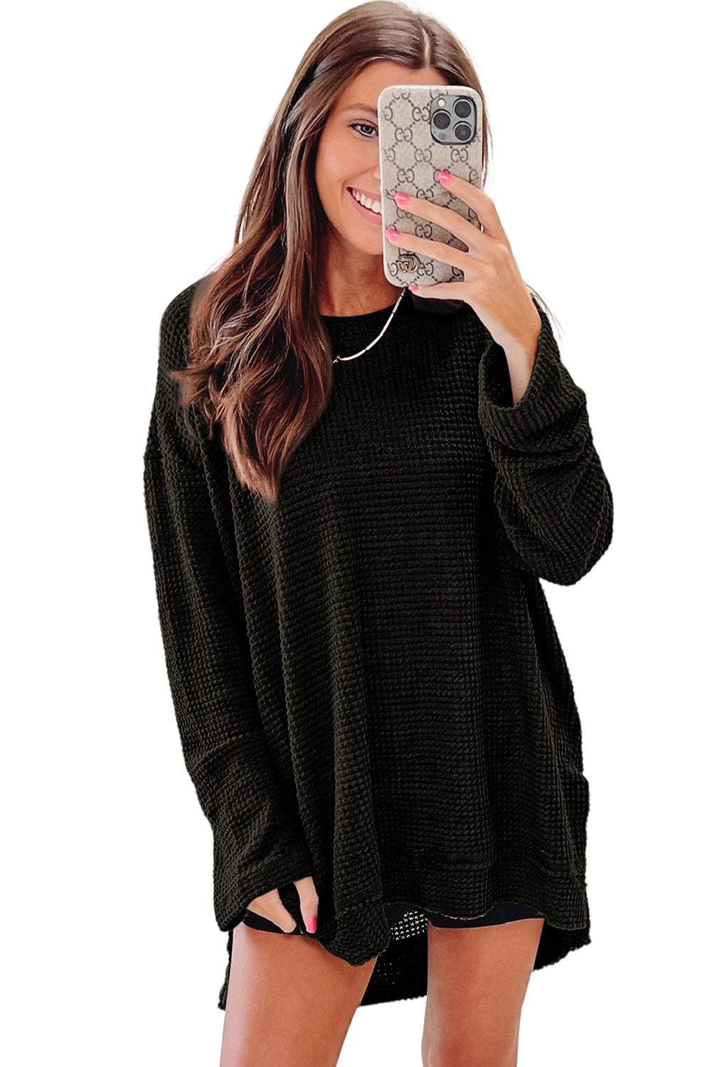 Moss Green Plus Size Textured Knit Long Sleeve Top