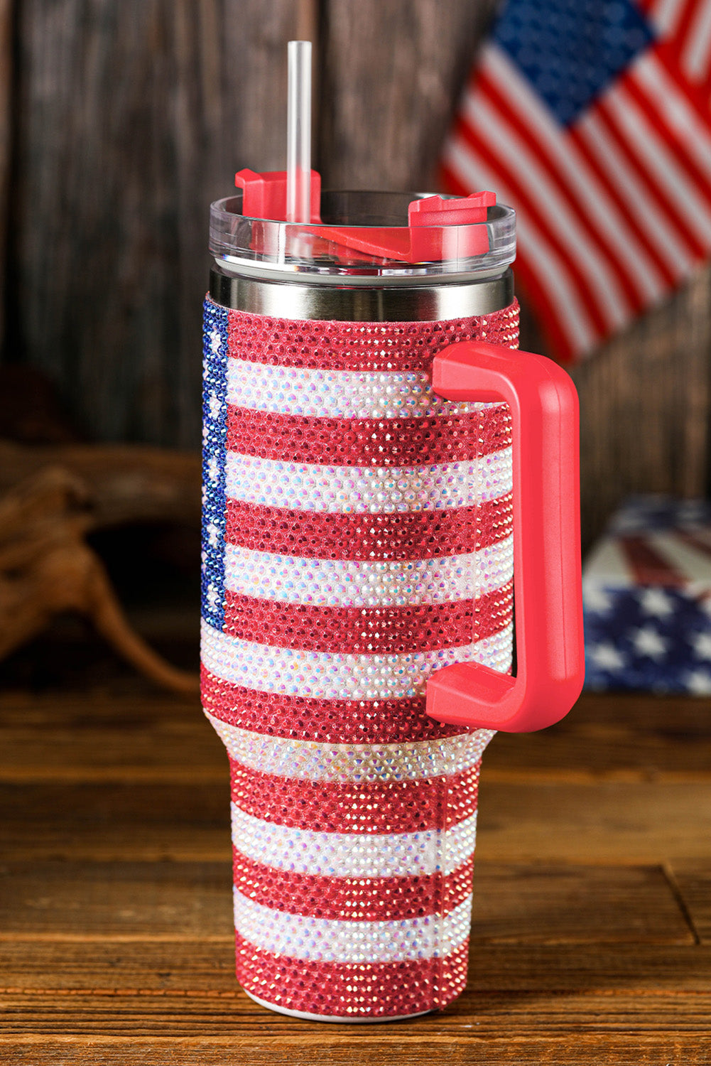 Red Rhinestone American Flag Print Handled 40oz Thermos Tumbler