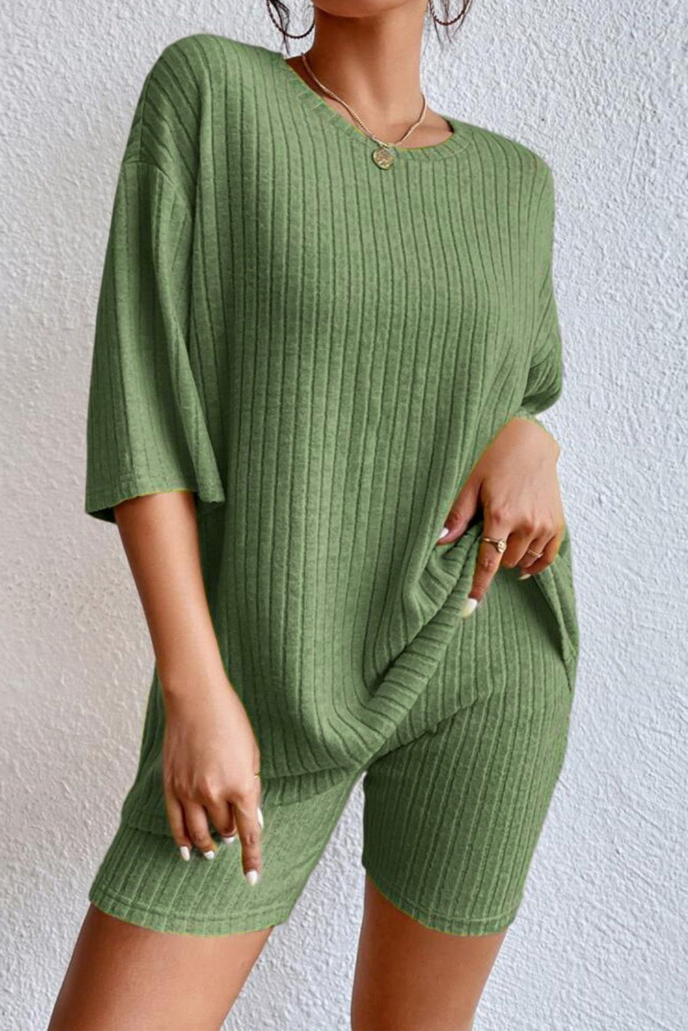 Khaki Ribbed Knit V Neck Slouchy Two-piece Outfit