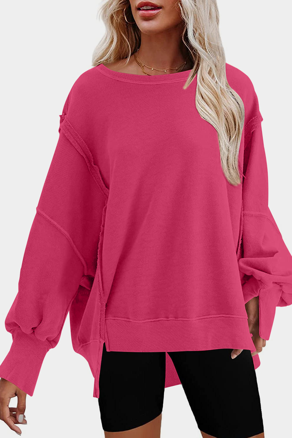 Exposed Seam Drop Shoulder Slit High Low Hem Sweatshirt