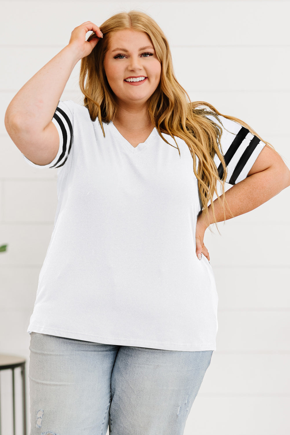 Plus Size Stripes Stitching Sleeve V Neck T-shirt