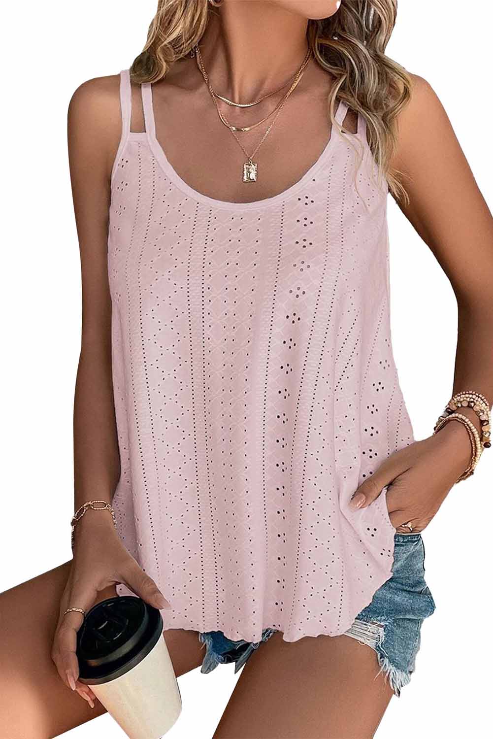 White Lace Crochet Splicing V Neck Loose Fit Tank Top