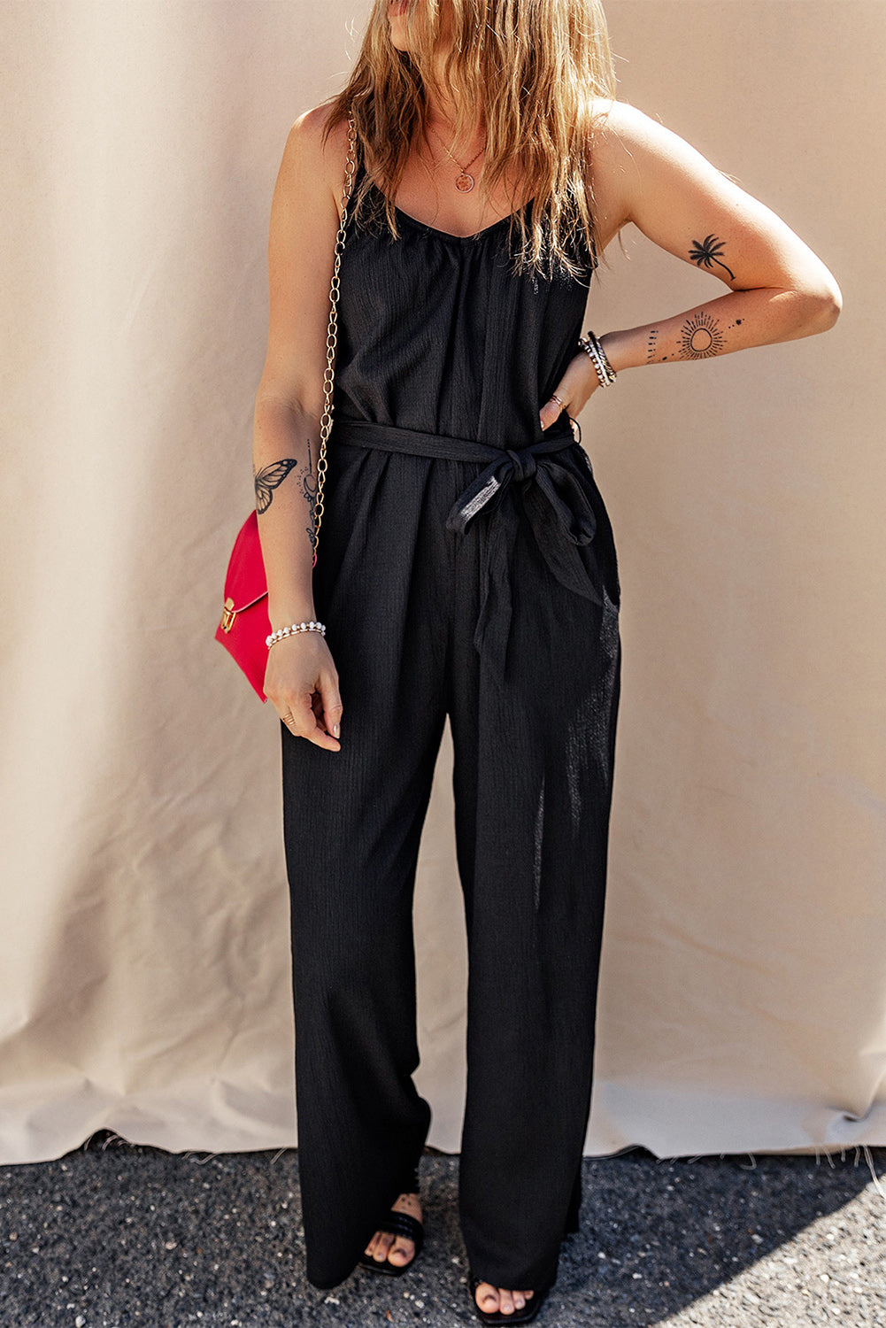 Black Textured Belted Wide Leg Sleeveless Jumpsuit