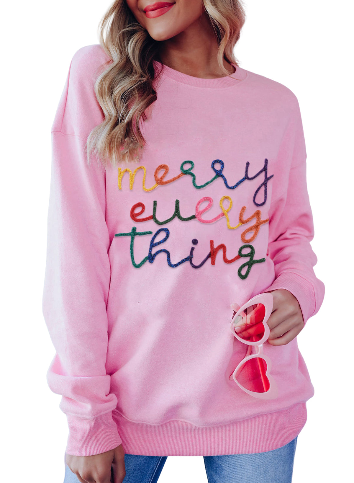 Pink Howdy Heart Graphic Round Neck Casual Sweater