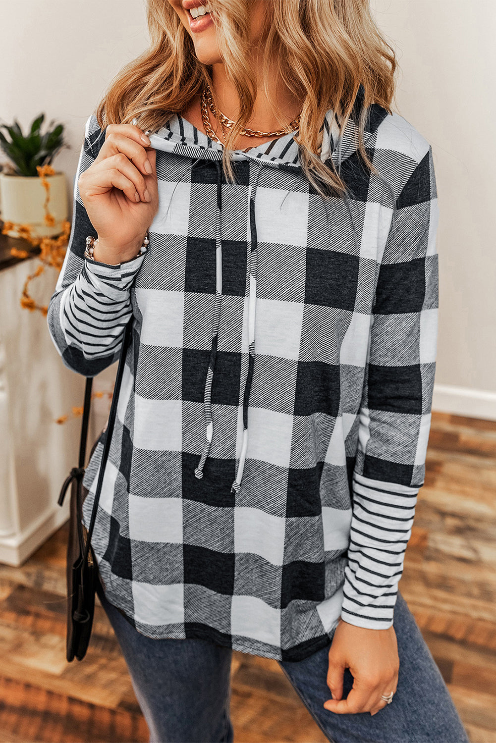 Plaid Striped Patchwork Drawstring Hoodie