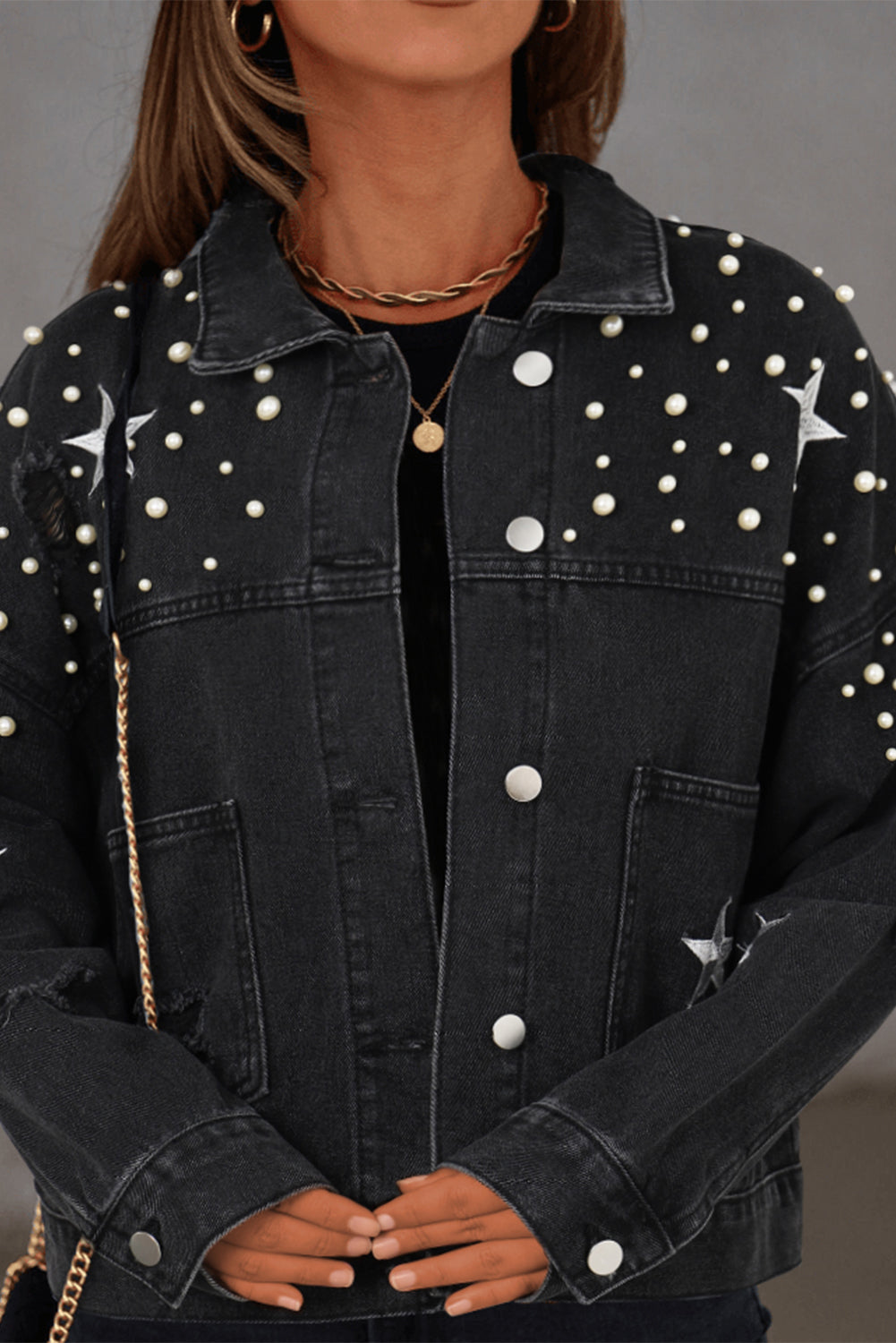 Sky Blue Distressed Pearls Star Cropped Denim Jacket